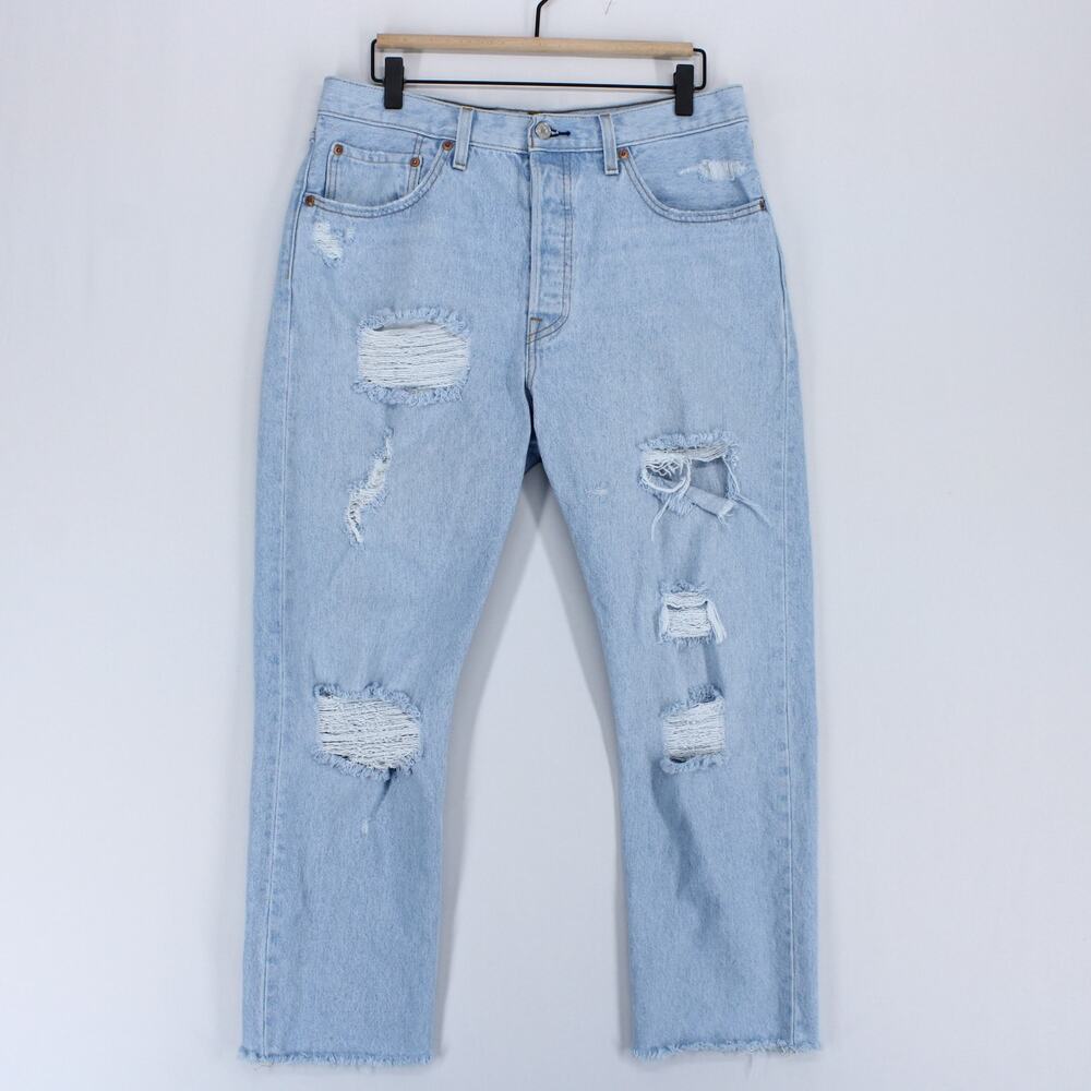 Levis 501 Crop Jeans Womens 31x26 Blue Distressed Ripped Button Fly Raw Hem